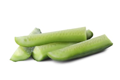 Photo of Pieces of fresh green cucumber isolated on white
