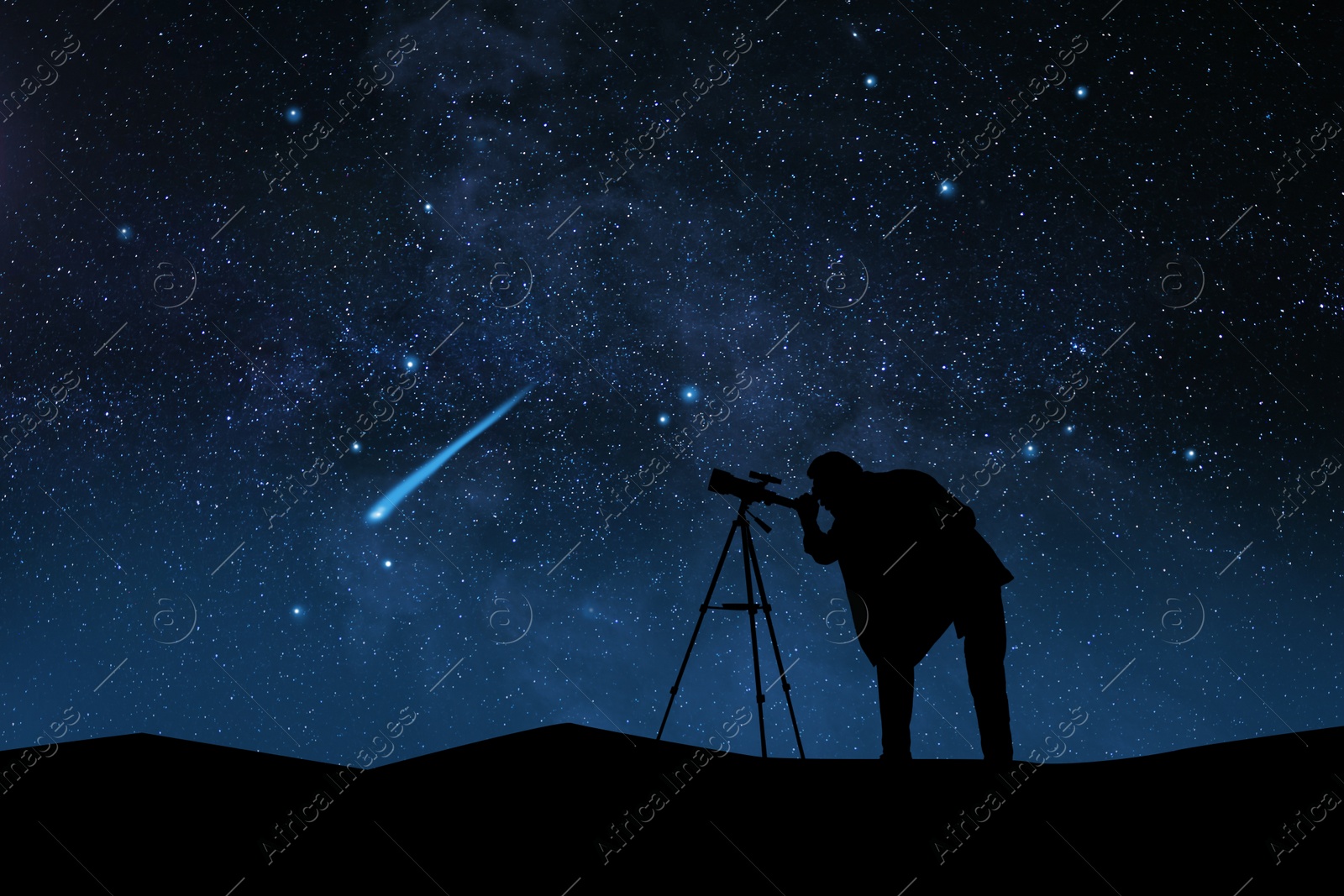 Image of Astronomer looking at shooting star through telescope outdoors. Space for text