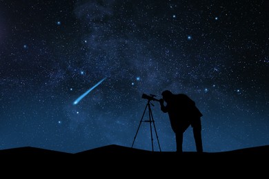Image of Astronomer looking at shooting star through telescope outdoors. Space for text