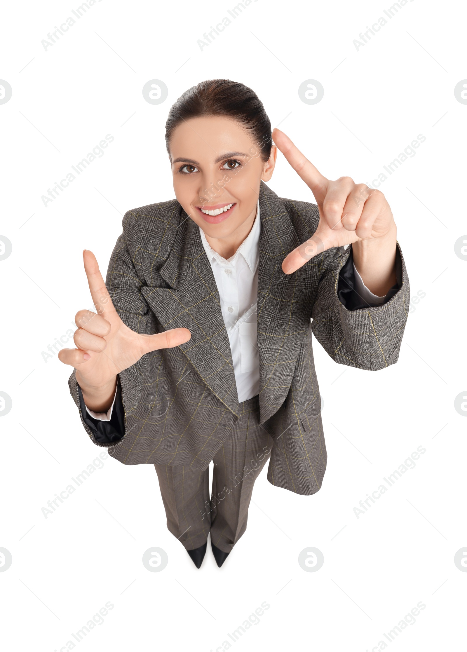 Photo of Beautiful businesswoman in suit on white background, above view