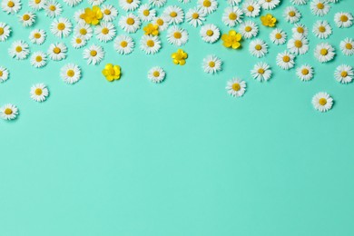 Photo of Many beautiful flowers on light blue background, flat lay. Space for text