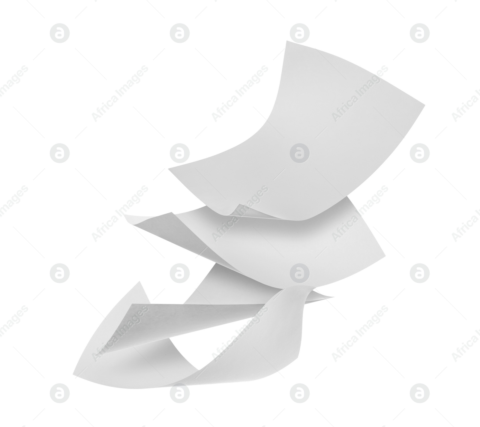 Image of Blank sheets of paper flying on white background