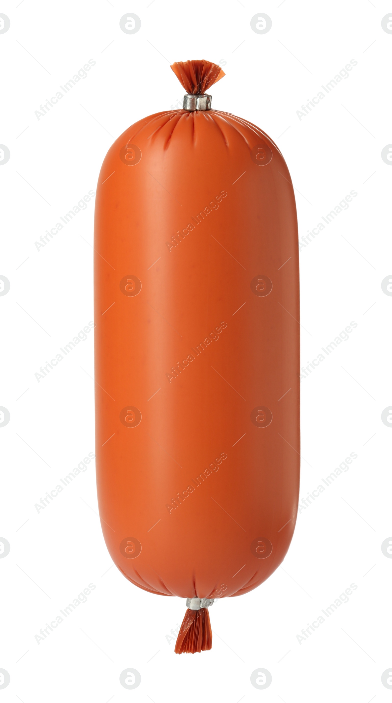 Photo of Tasty whole boiled sausage isolated on white