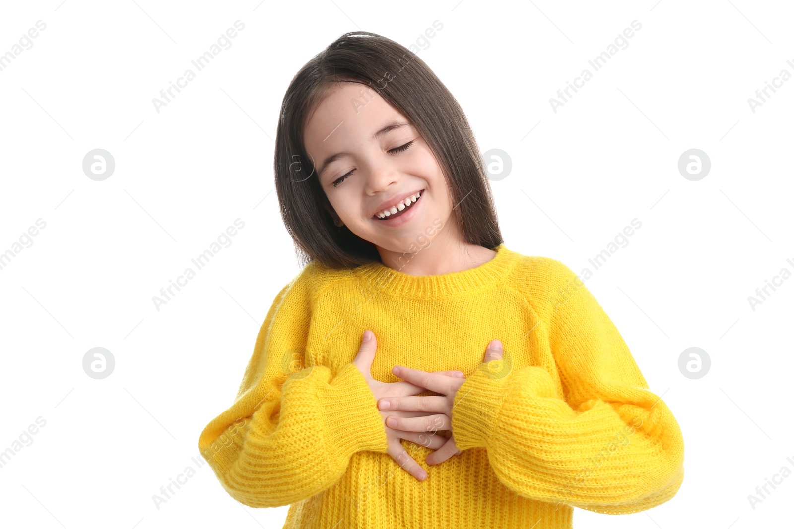 Photo of Portrait of cute little girl on white background