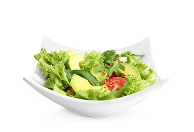 Delicious avocado salad in bowl on white background