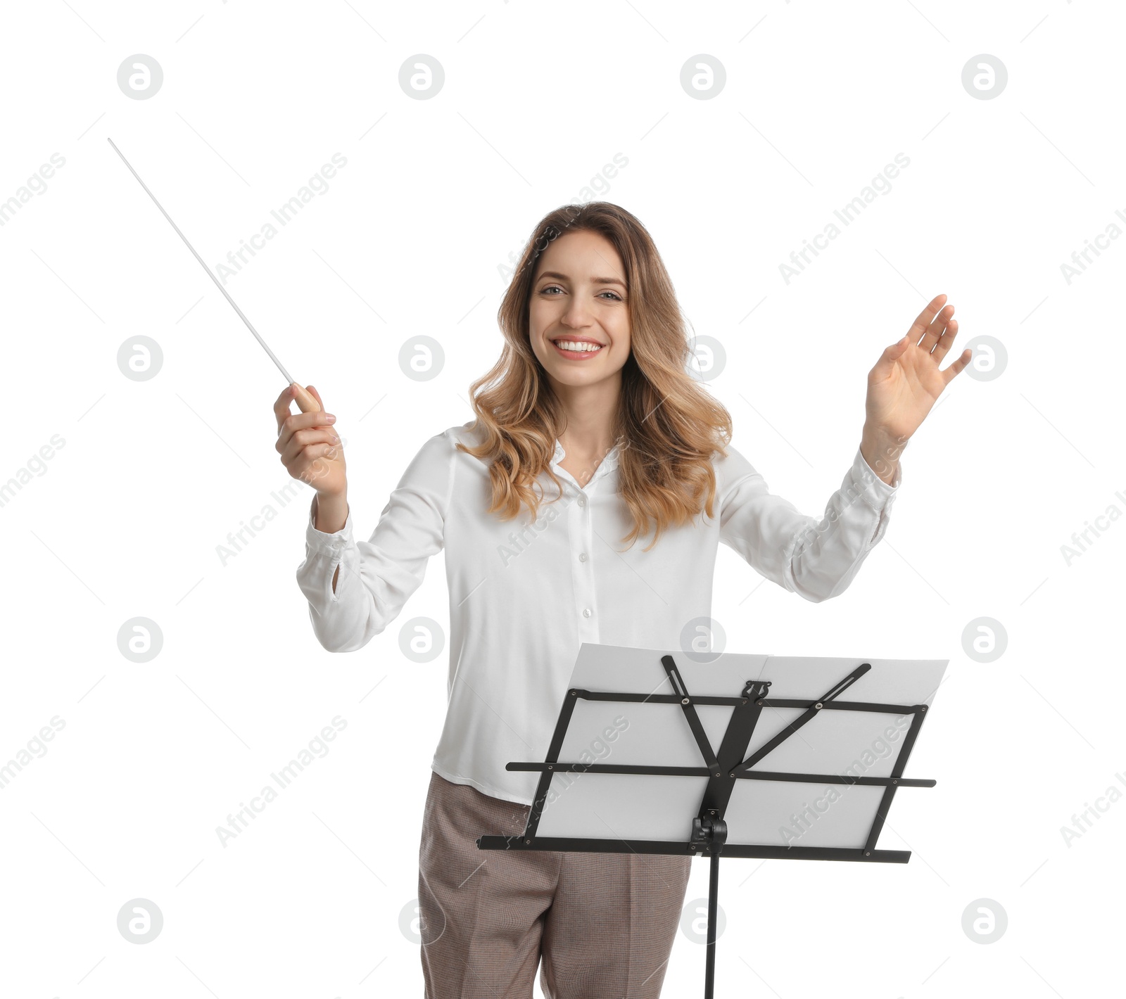 Photo of Music teacher with baton and note stand on white background