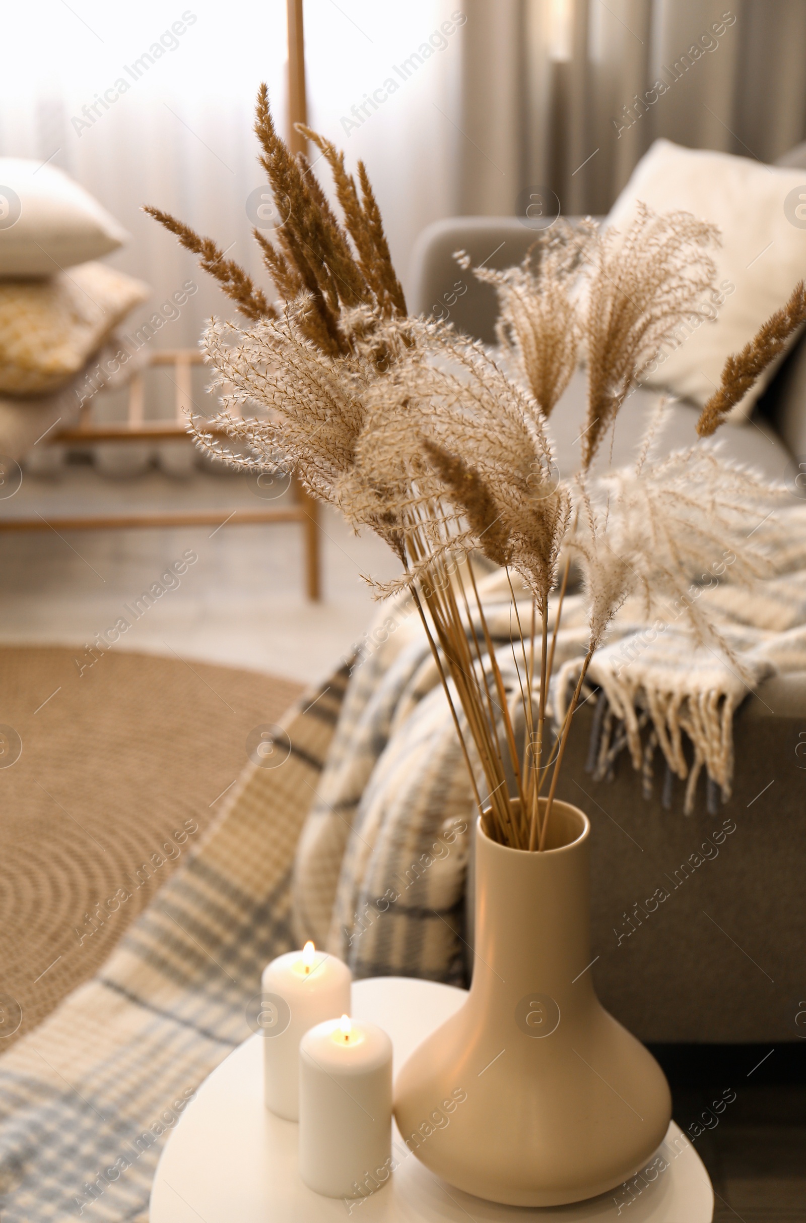 Photo of Dry plants and candles on table in room. Interior design