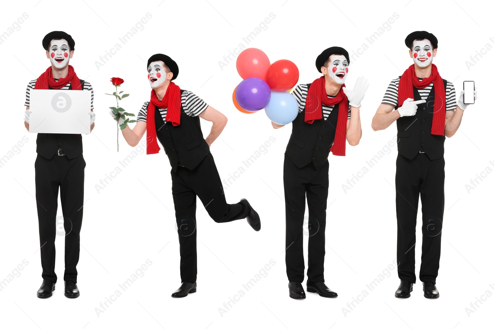 Image of Funny mime on white background, set of photos