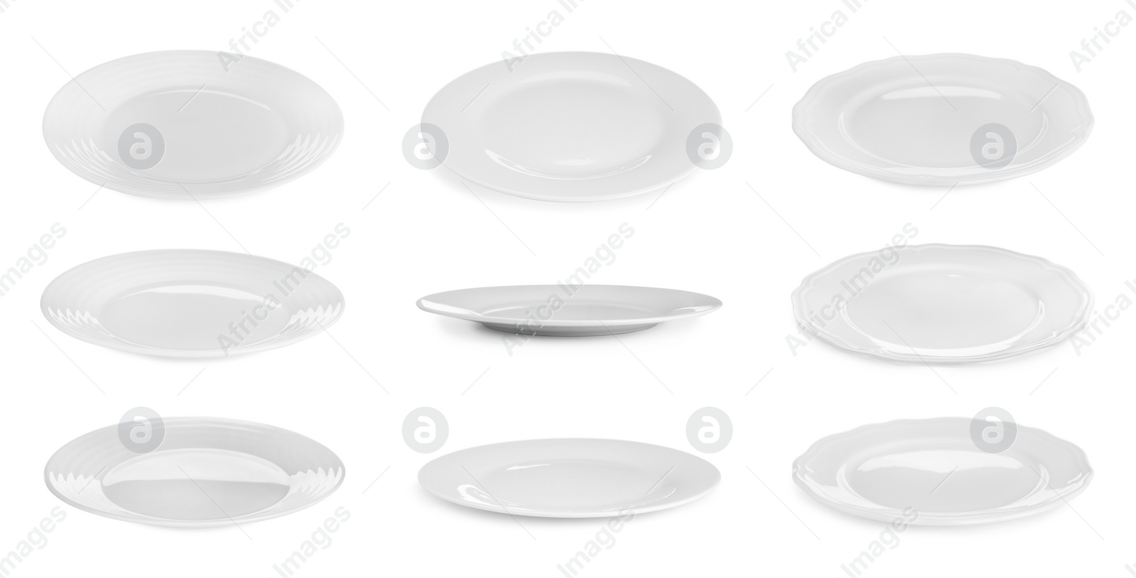 Image of Collage of different ceramic plates on white background