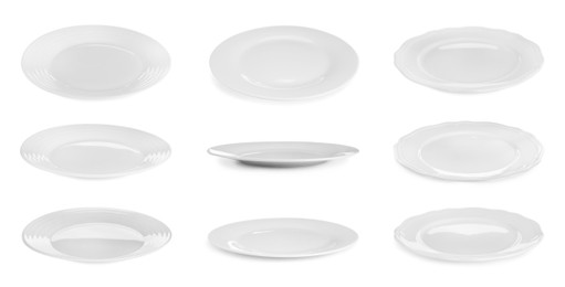 Image of Collage of different ceramic plates on white background