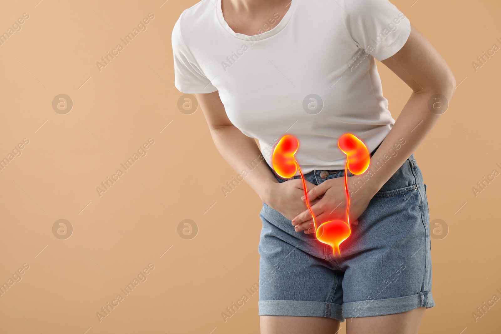 Image of Woman suffering from cystitis on beige background, closeup. Illustration of urinary system