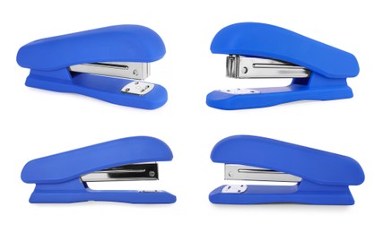 Image of Blue stapler isolated on white, different sides