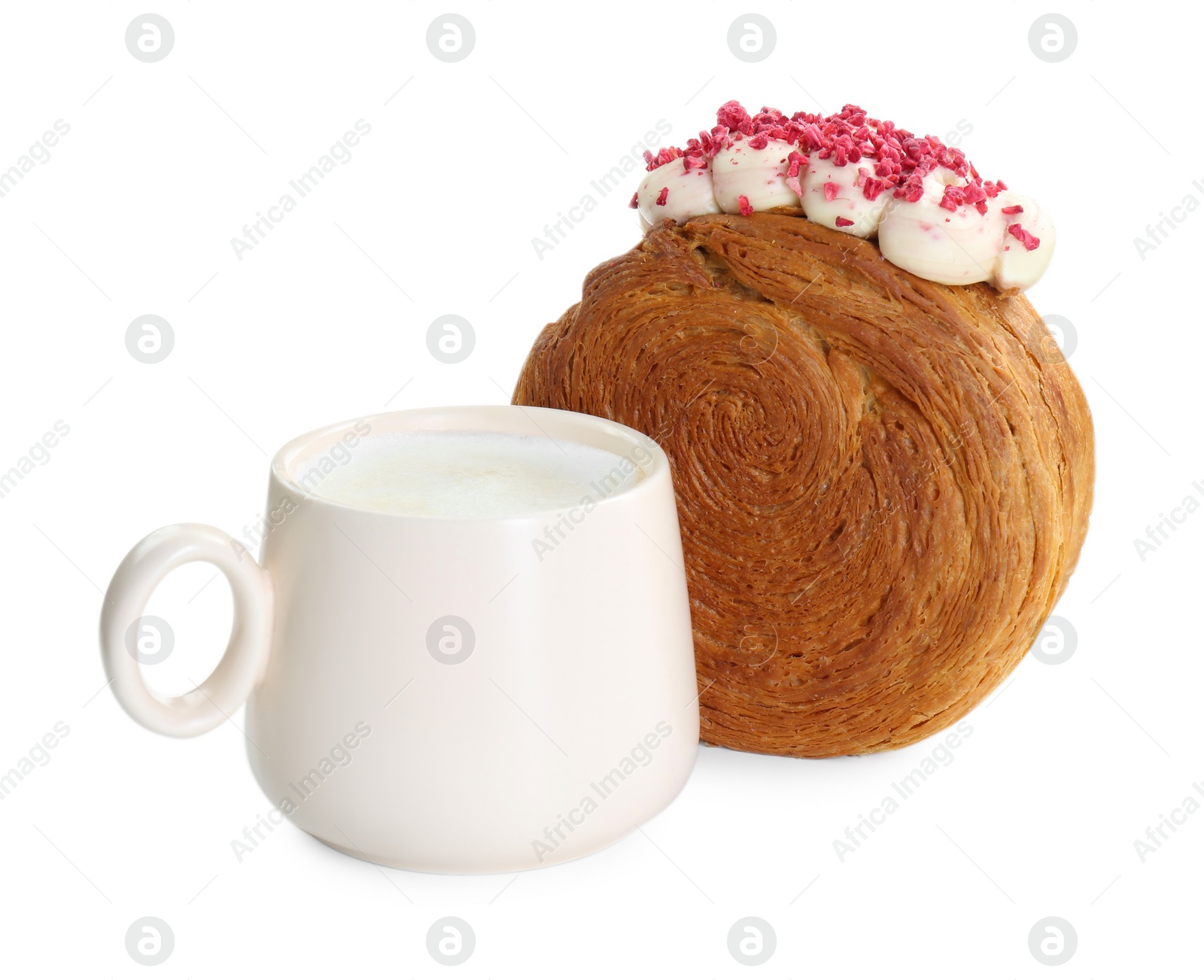 Photo of Round croissant with cream and cup of drink isolated on white. Tasty puff pastry