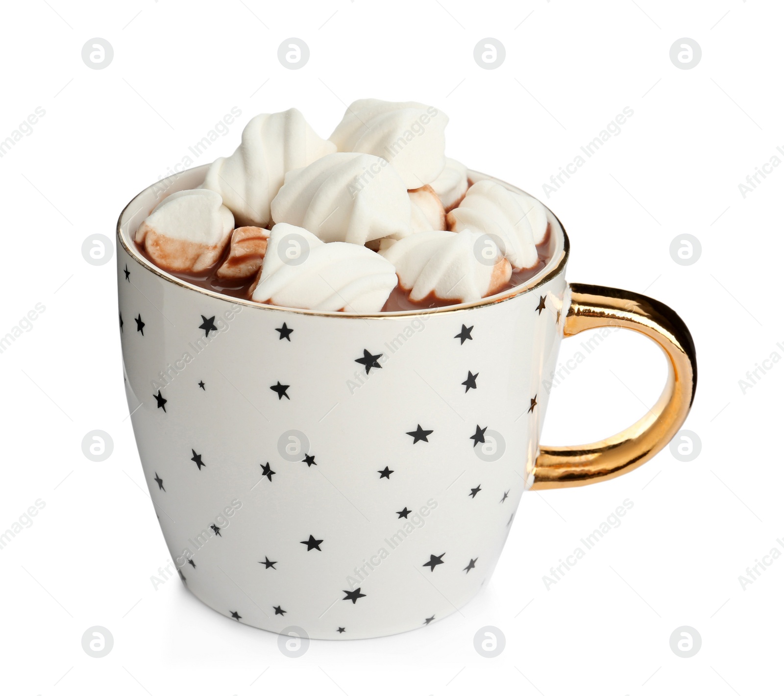 Photo of Cup of delicious hot chocolate with marshmallows isolated on white