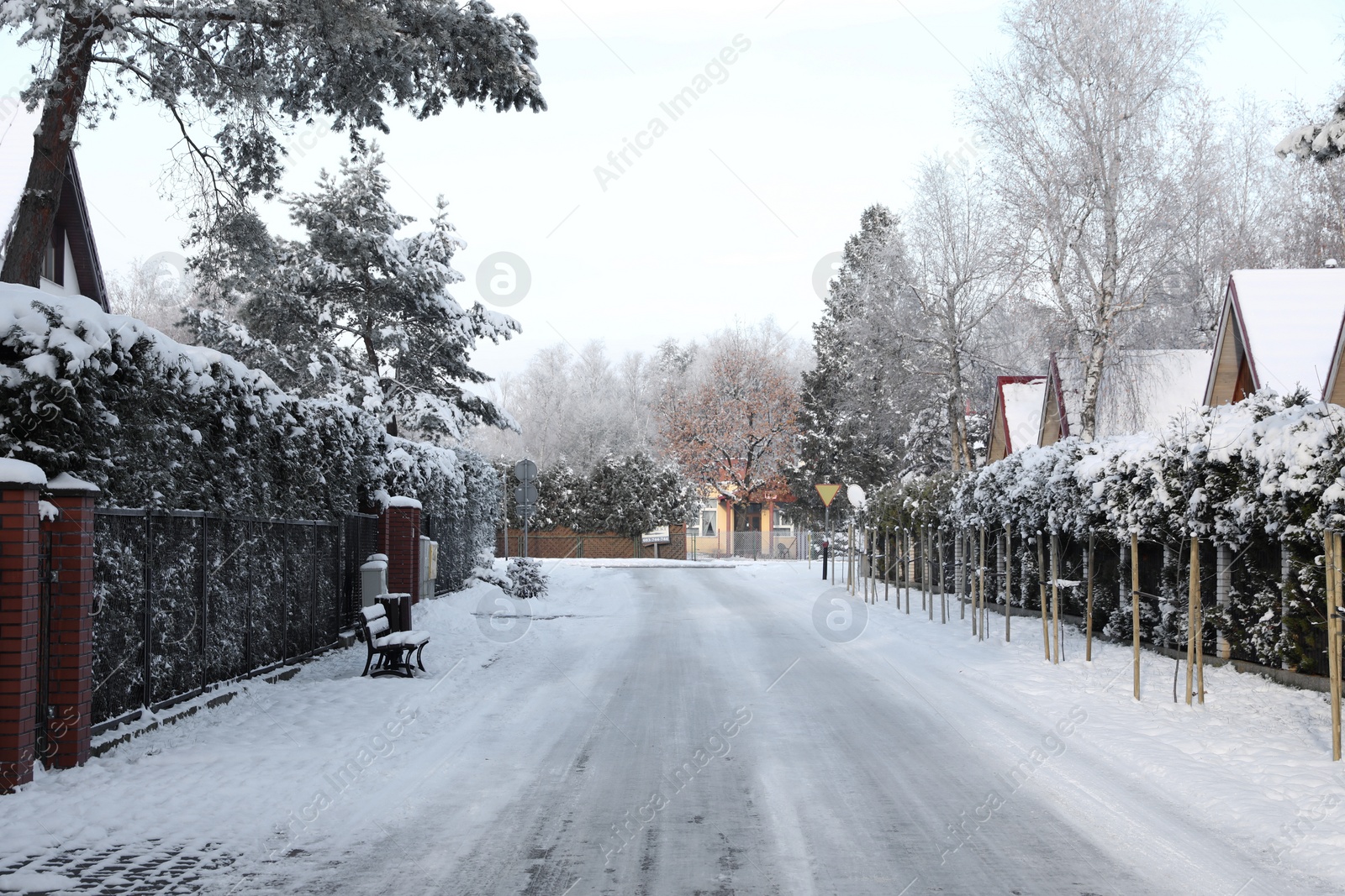 Photo of Beautiful view of city street with cottages and trees on winter day