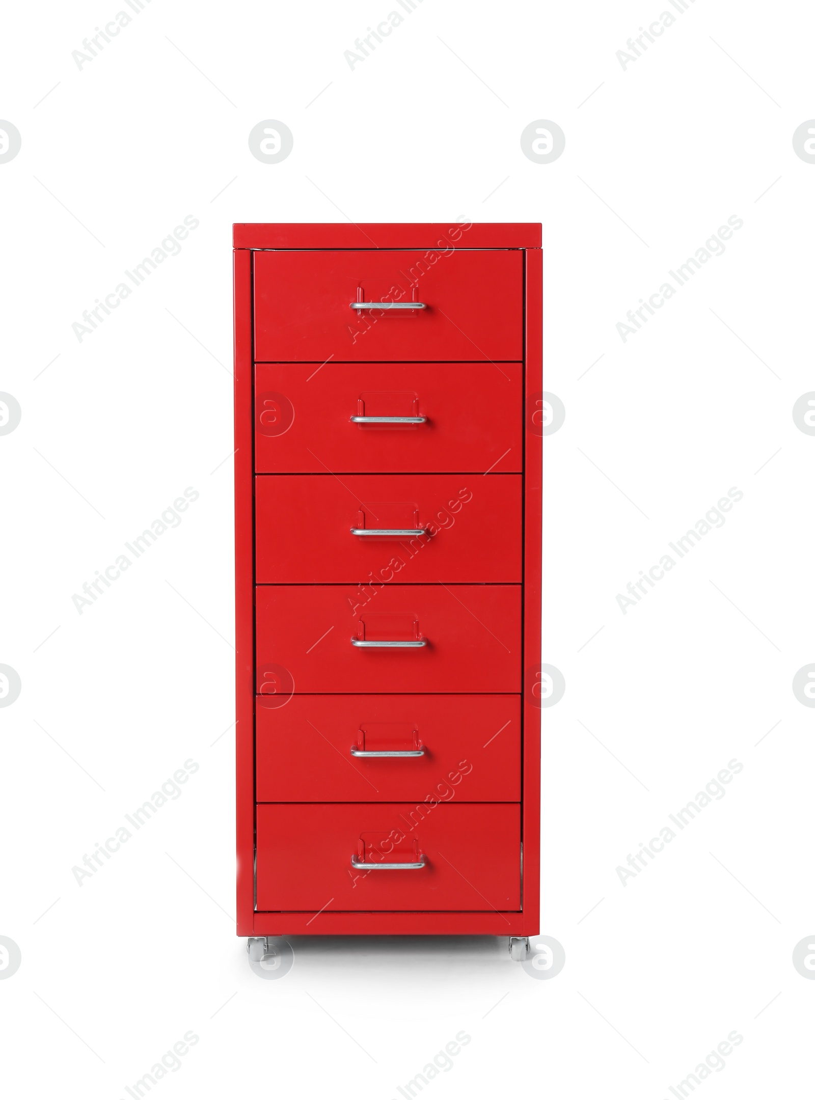 Photo of Red chest of drawers on white background. Furniture for wardrobe room