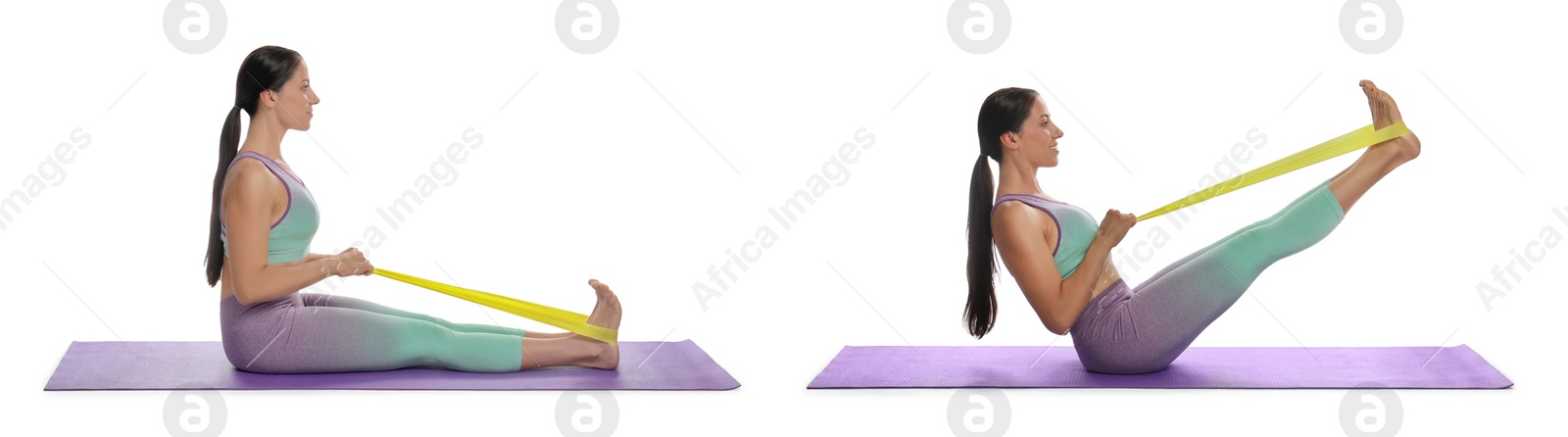 Image of Woman doing sportive exercises with fitness elastic band on white background, collage. Banner design