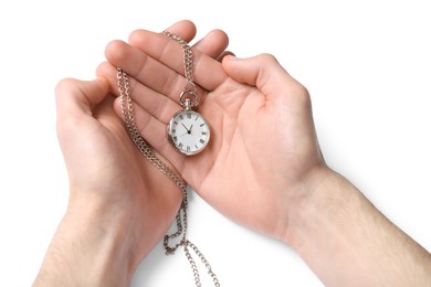 Man holding chain with elegant pocket watch on white background, closeup