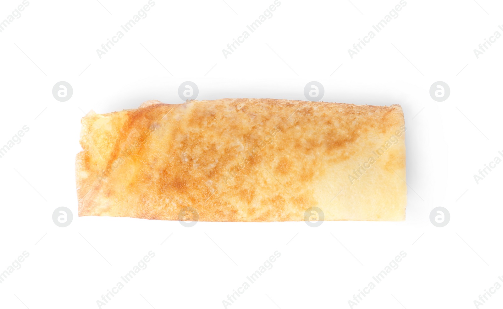 Photo of Tasty thin pancake roll on white background, top view