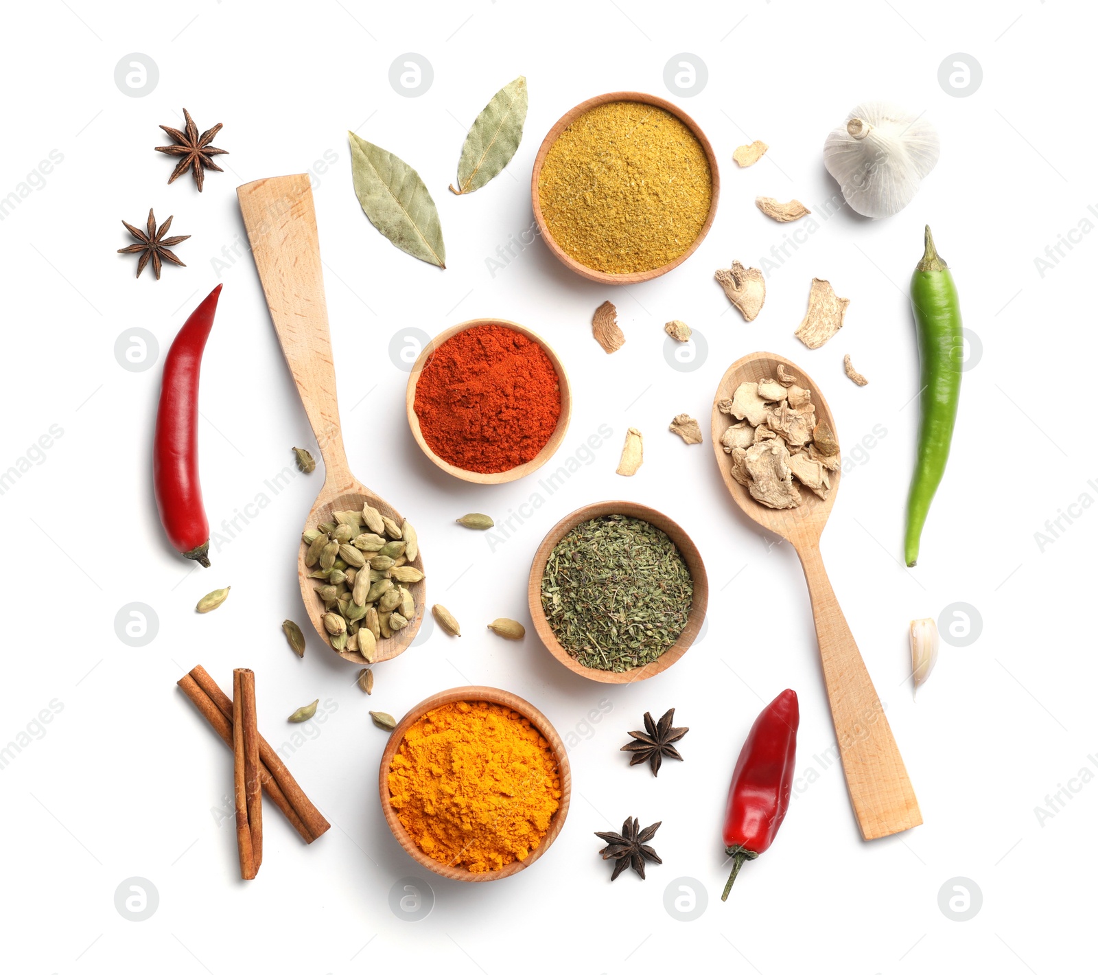 Photo of Beautiful composition with different aromatic spices on white background