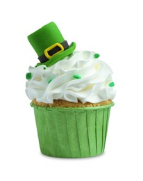 Photo of St. Patrick's day party. Tasty cupcake with green leprechaun hat topper and sprinkles isolated on white
