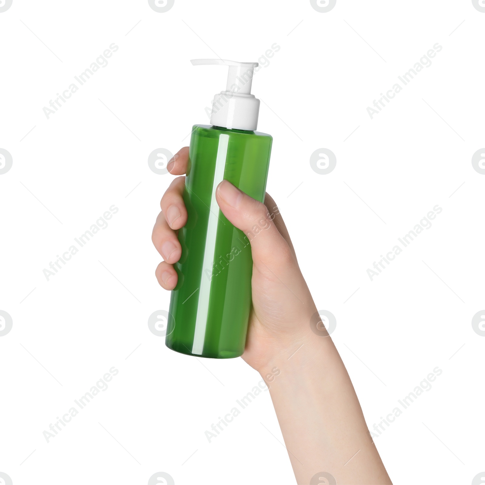 Photo of Woman holding bottle of face cleansing product on white background, closeup