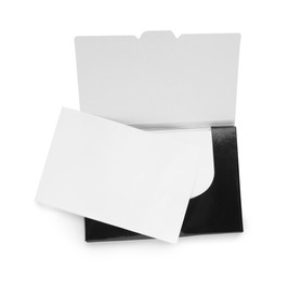 Photo of Package of facial oil blotting tissues on white background, top view. Mattifying wipes