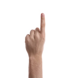 Photo of Man pointing at something on white background, closeup of hand