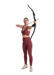 Photo of Woman with bow and arrow practicing archery on white background