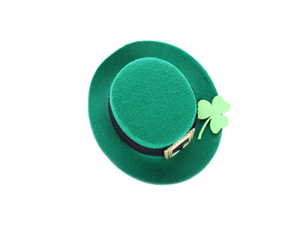 Photo of Green leprechaun hat with clover leaf isolated on white, top view. St. Patrick's Day celebration