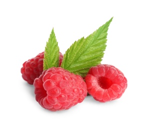 Photo of Delicious ripe sweet raspberries with leaves isolated on white