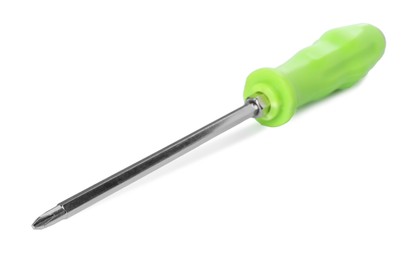 Photo of One screwdriver with green handle isolated on white