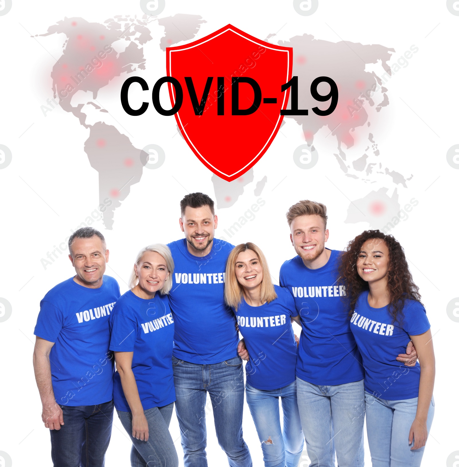 Image of Volunteers uniting to help during COVID-19 outbreak. Group of people on white background, world map and shield illustrations