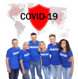 Image of Volunteers uniting to help during COVID-19 outbreak. Group of people on white background, world map and shield illustrations