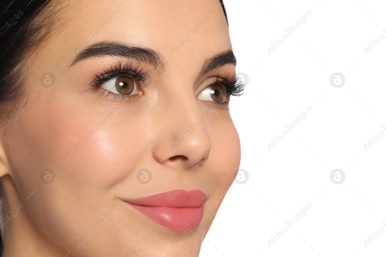 Photo of Beautiful young woman with long eyelashes on white background, closeup