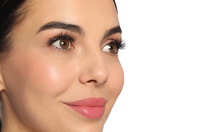 Photo of Beautiful young woman with long eyelashes on white background, closeup