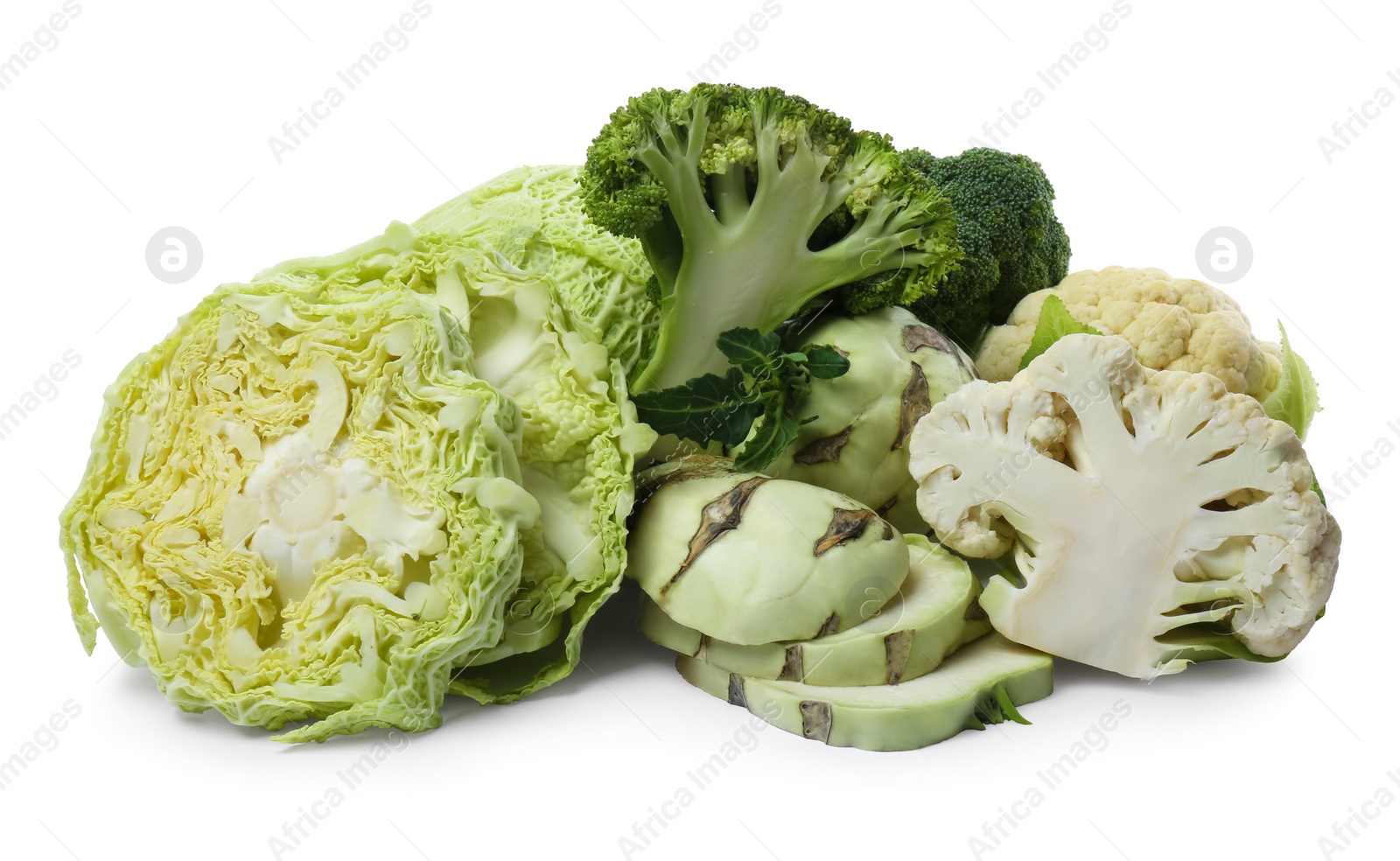 Photo of Different types of cabbage on white background