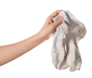 Woman holding dirty socks on white background, closeup