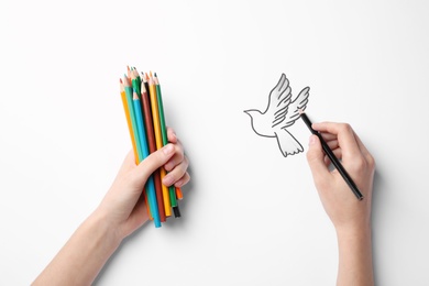 Photo of Woman drawing dove on white background, top view