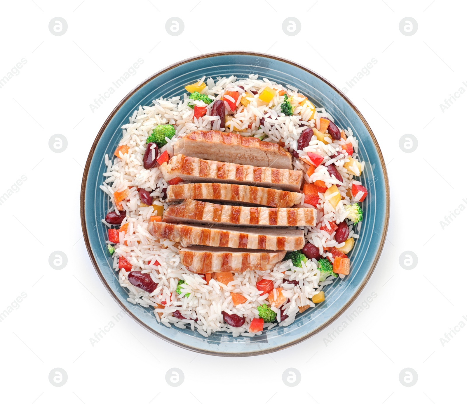 Photo of Tasty rice with beans and chicken meat isolated on white, top view