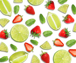 Image of Layout with fresh limes, strawberries and mint leaves on white background, top view