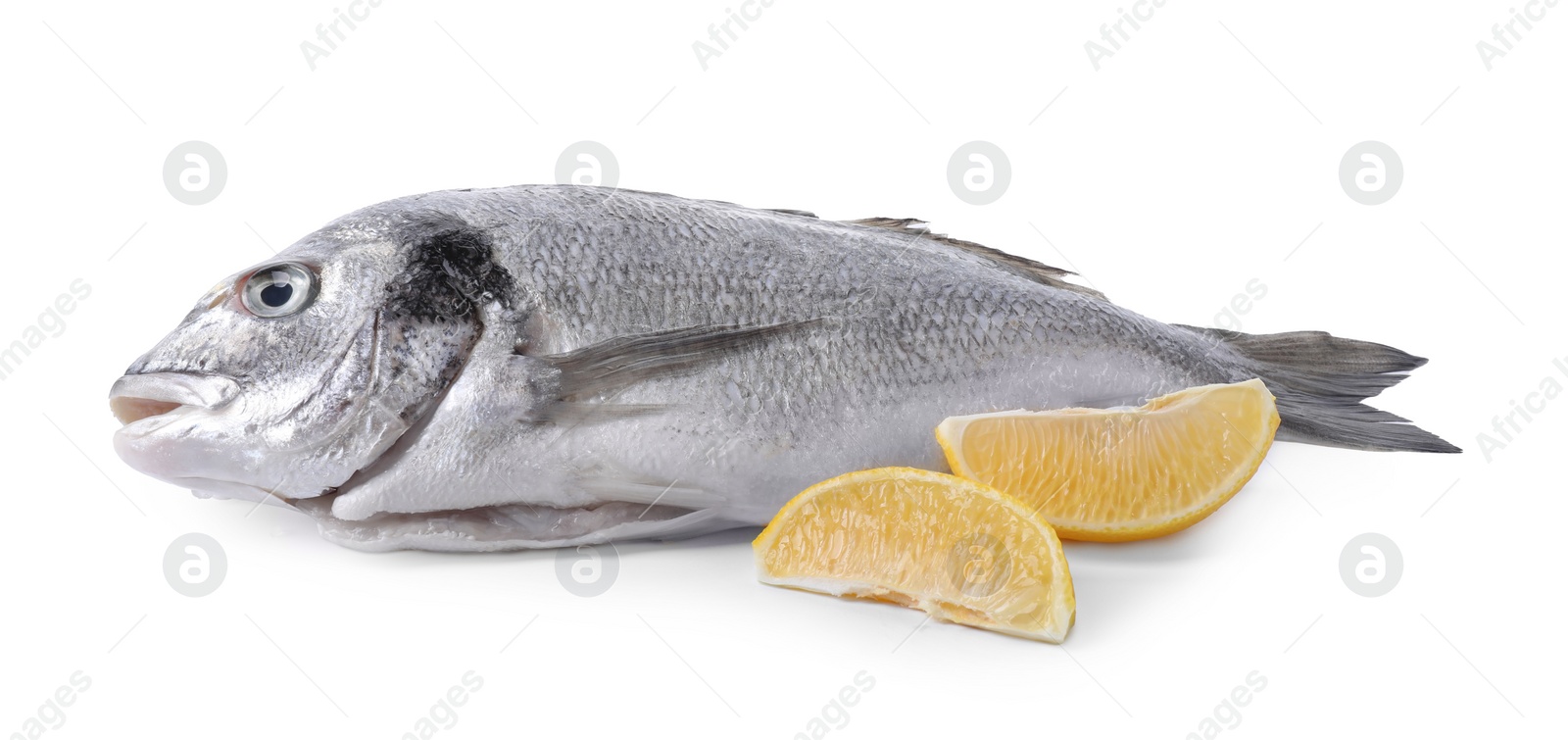 Photo of Raw dorado fish and lemon wedges isolated on white