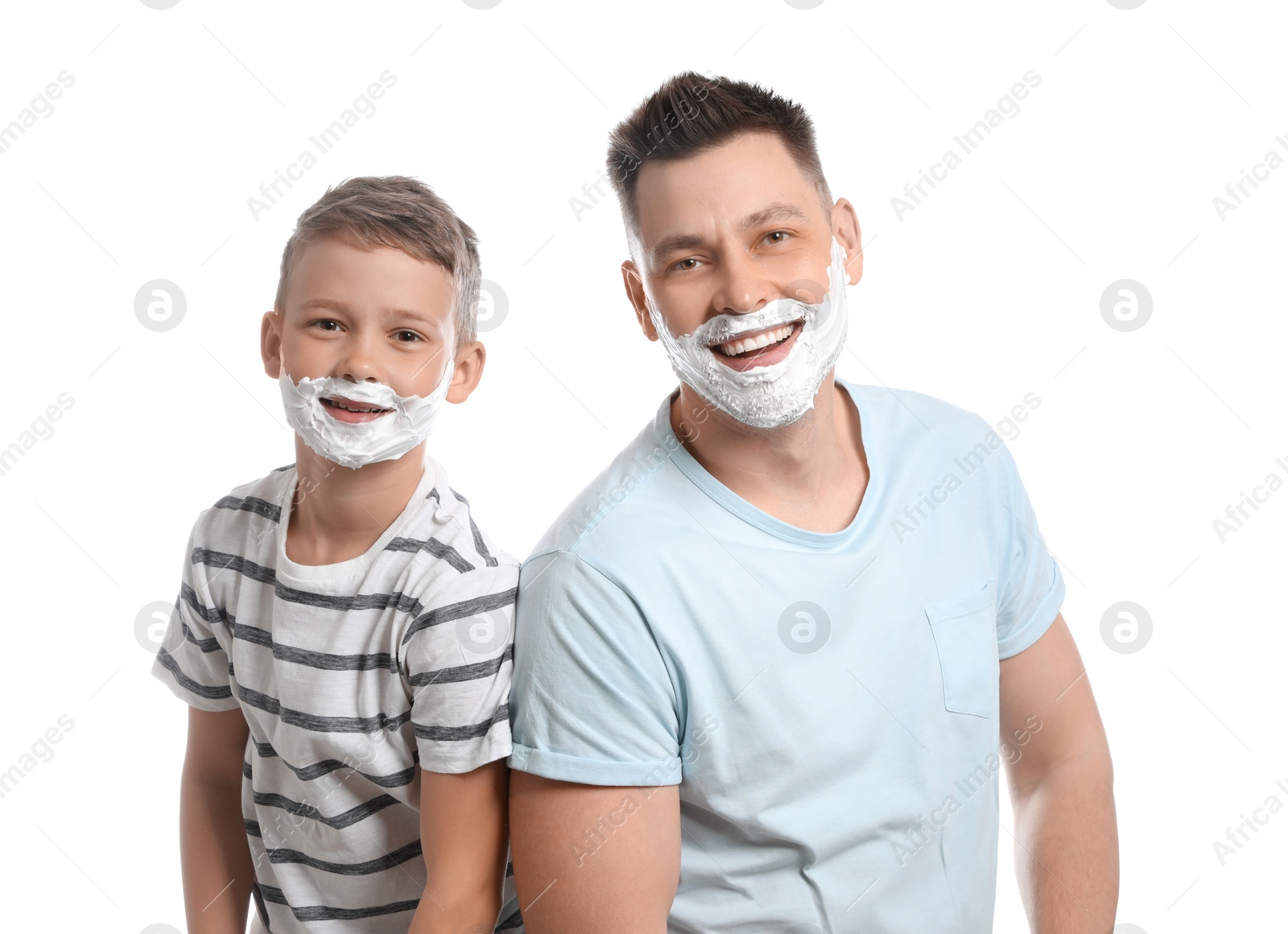 Photo of Happy dad and son with shaving foam on faces, white background