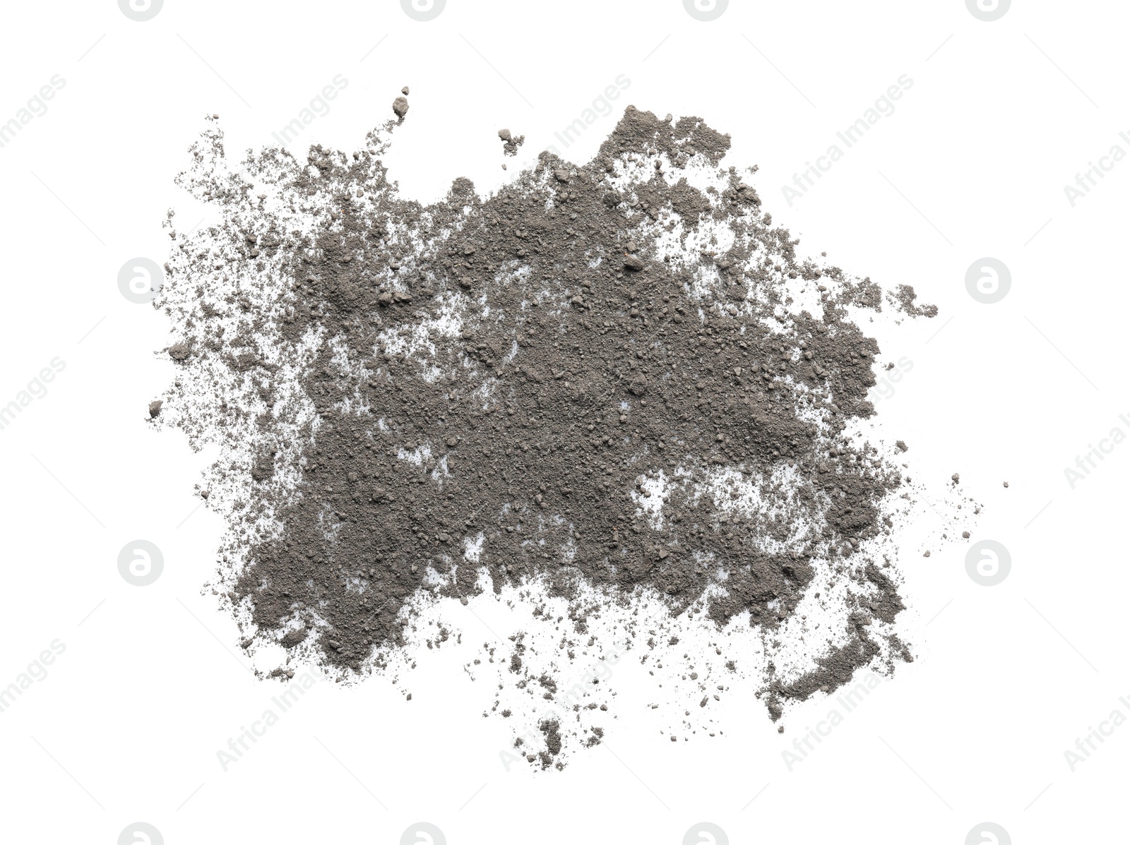 Photo of Pile of black dust scattered on white background, top view