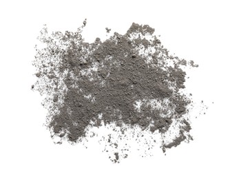 Pile of black dust scattered on white background, top view