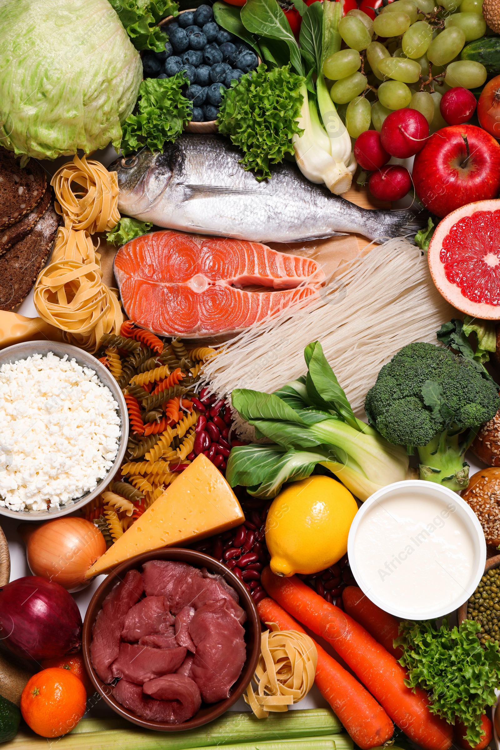 Photo of Different products as background, top view. Healthy food and balanced diet