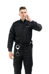 Male security guard in uniform on white background