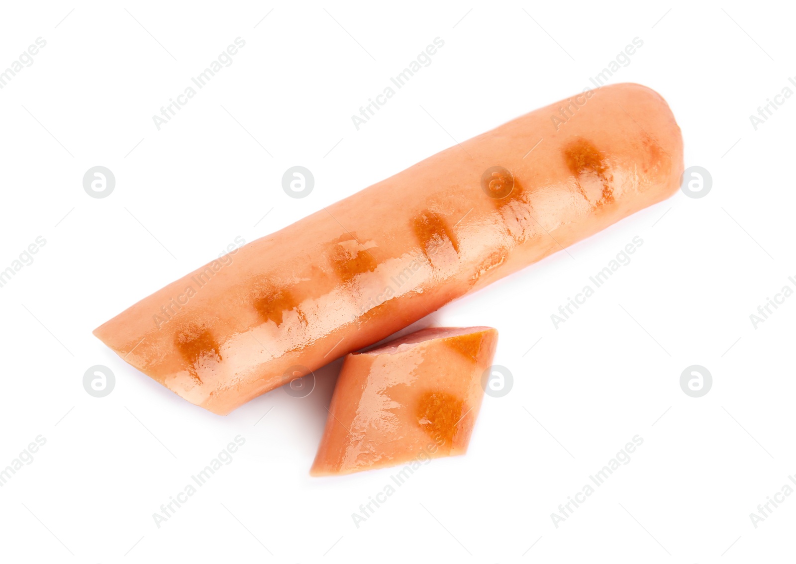 Photo of Tasty fresh grilled sausage isolated on white, top view
