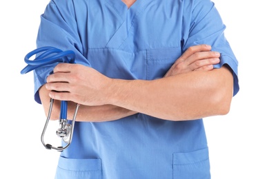 Photo of Medical assistant with stethoscope on white background, closeup