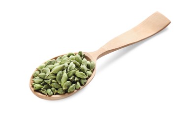 Photo of Wooden spoon full of cardamom on white background